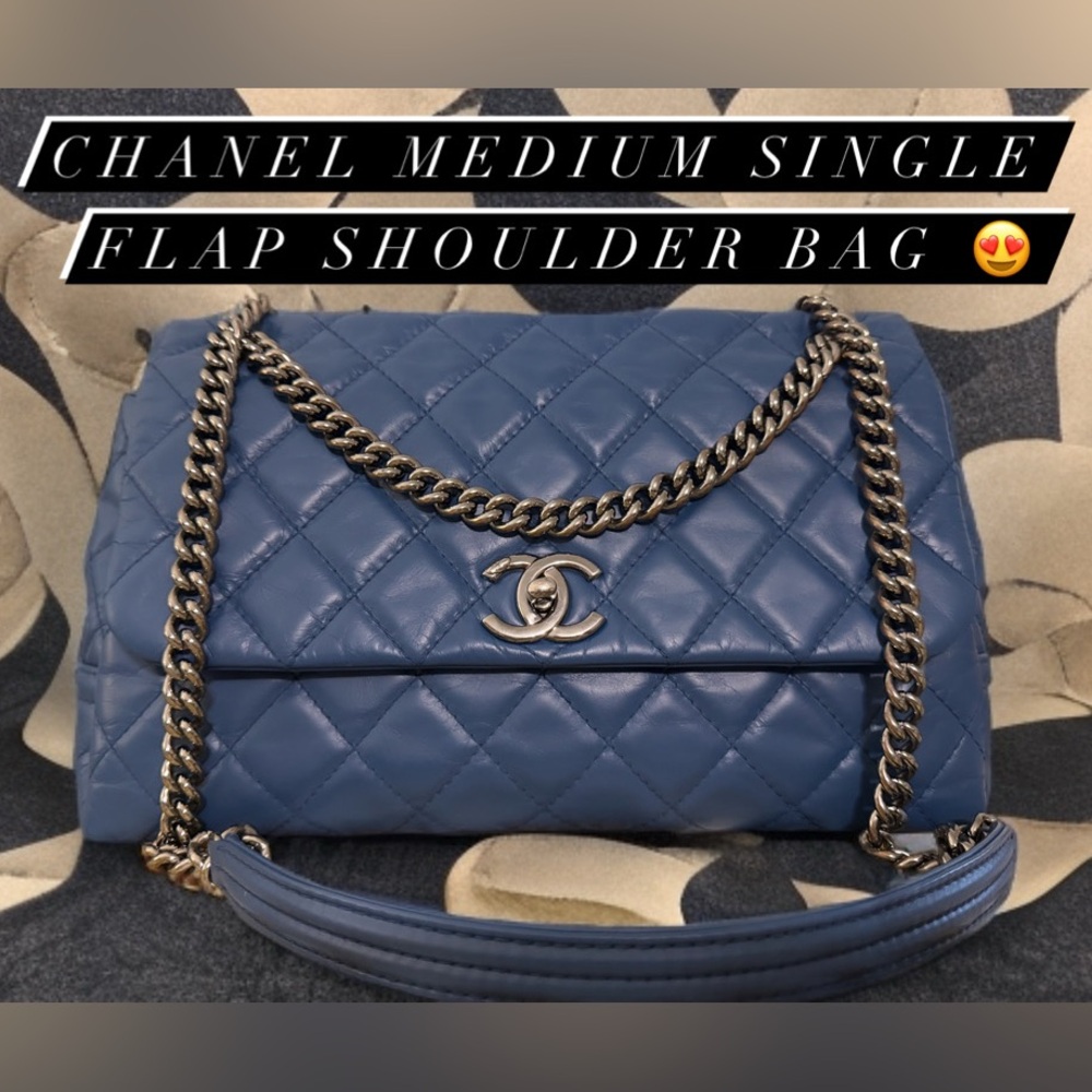 CHANEL Single Flap Blue Medium Lambskin Shoulder Bag
